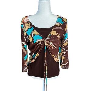 Vintage Y2K Brown & Turquoise Floral Sheer Overlay Top